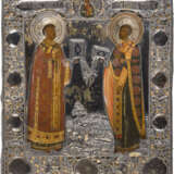 SEHR FEINE IKONE MIT DEN HEILIGEN JOHANNES CHRYSOSTOMUS UND TICHON MIT SELTENEM VERMEIL-RIZA - Foto 1