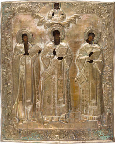 A LARGE ICON SHOWING THREE HIERARCHS OF ORTHODOXY WITH OKLAD - photo 1