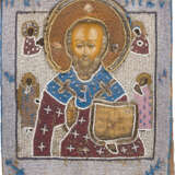 AN ICON SHOWING ST. NICHOLAS OF MYRA WITH AN EMBROIDERED OKLAD - фото 1