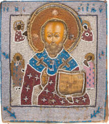 AN ICON SHOWING ST. NICHOLAS OF MYRA WITH AN EMBROIDERED OKLAD