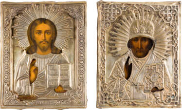 TWO SMALL ICONS WITH OKLAD: CHRIST PANTOKRATOR AND ST. NICHOLAS OF MYRA