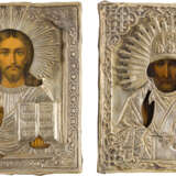 TWO SMALL ICONS WITH OKLAD: CHRIST PANTOKRATOR AND ST. NICHOLAS OF MYRA - photo 1