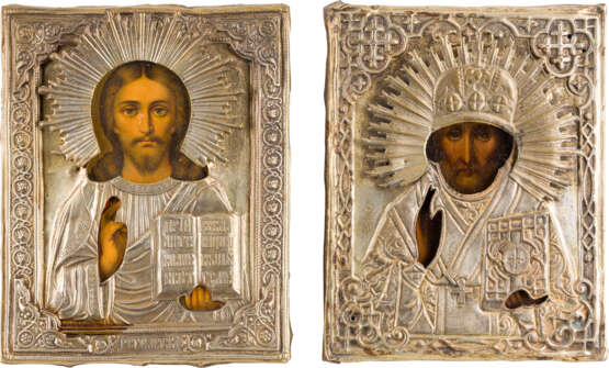 TWO SMALL ICONS WITH OKLAD: CHRIST PANTOKRATOR AND ST. NICHOLAS OF MYRA - photo 1
