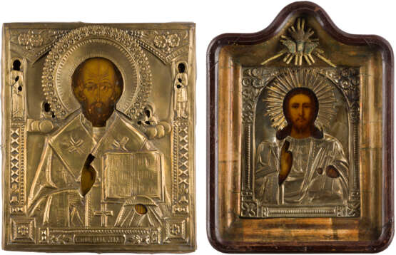 ZWEI IKONEN MIT OKLAD: CHRISTUS PANTOKRATOR IM KIOT UND HEILIGER NIKOLAUS VON MYRA - Foto 1