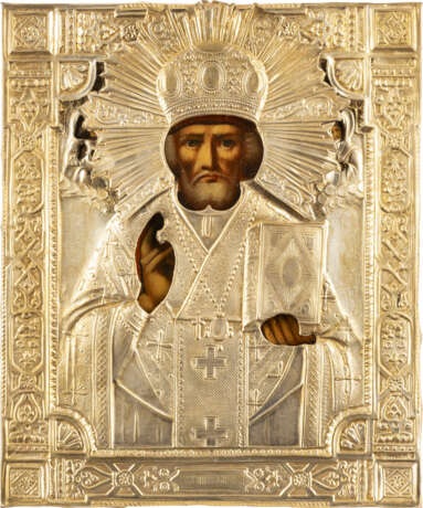 AN ICON SHOWING ST. NICHOLAS OF MYRA WITH OKLAD - photo 1