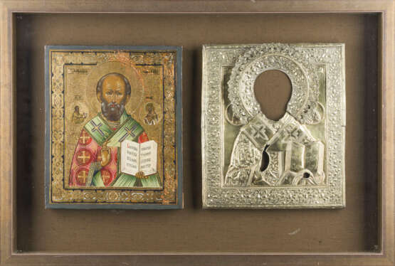 AN ICON SHOWING ST. NICHOLAS OF MYRA AND A SILVER-GILT OKLAD - photo 1