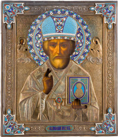 AN ICON SHOWING ST. NICHOLAS OF MYRA WITH A SILVER-GILT AND CLOISONNÉ ENAMEL OKLAD - photo 1