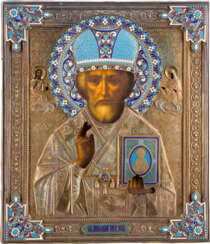 AN ICON SHOWING ST. NICHOLAS OF MYRA WITH A SILVER-GILT AND CLOISONNÉ ENAMEL OKLAD