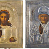TWO SMALL ICONS WITH OKLAD: CHRIST PANTOKRATOR AND ST. NICHOLAS OF MYRA - photo 1