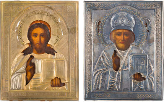 TWO SMALL ICONS WITH OKLAD: CHRIST PANTOKRATOR AND ST. NICHOLAS OF MYRA - photo 1