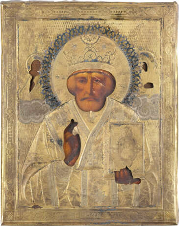 A SMALL ICON SHOWING ST. NICHOLAS OF MYRA WITH A SILVER-GILT OKLAD - photo 1