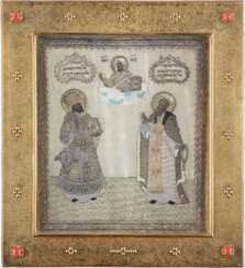 AN IMPORTANT EMBROIDERY ICON SHOWING STS. DIMITRY OF ROSTOV AND ALEXANDER SVIRSKY WITH A