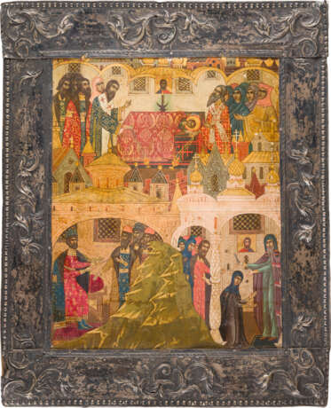 A RARE ICON SHOWING THE DORMITION OF A SAINT WITH A SILVER BASMA - photo 1