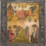 A RARE ICON SHOWING THE DORMITION OF A SAINT WITH A SILVER BASMA - photo 1