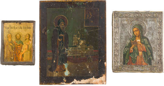THREE SMALL ICONS SHOWING THE MOTHER OF GOD, ST. NIL STOLOBENSKIY AND STS. SAMON, GURIY - photo 1