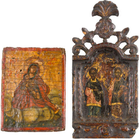 TWO MINIATURE ICONS SHOWING THE MOTHER OF GOD AND STS. COSMAS AND DAMIAN - фото 1