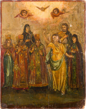 A LARGE ICON SHOWING THE ARCHANGEL GABRIEL AND SIX SELECTED SAINTS WITH OKLAD - photo 2
