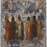 A LARGE ICON SHOWING TWO IMAGES OF THE MOTHER OF GOD AND SIX SELECTED SAINTS WITH A SILVER - photo 1