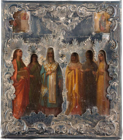 A LARGE ICON SHOWING TWO IMAGES OF THE MOTHER OF GOD AND SIX SELECTED SAINTS WITH A SILVER - photo 1