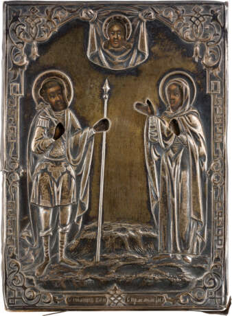 A MINIATURE ICON SHOWING STS. JOHN THE WARRIOR AND ANASTASIA WITH SILVER OKLAD - фото 1