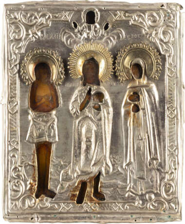 AN ICON SHOWING STS. BASIL FOOL FOR CHRIST, JOHN THE FORERUNNER AND XENIA WITH OKLAD - фото 1