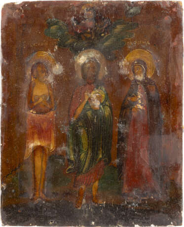 AN ICON SHOWING STS. BASIL FOOL FOR CHRIST, JOHN THE FORERUNNER AND XENIA WITH OKLAD - фото 2