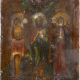 AN ICON SHOWING STS. BASIL FOOL FOR CHRIST, JOHN THE FORERUNNER AND XENIA WITH OKLAD - фото 2