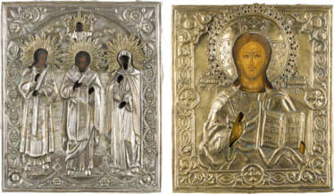 ZWEI IKONEN MIT OKLAD: CHRISTUS PANTOKRATOR UND PATRONATSIKONE