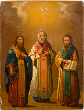 TWO ICONS SHOWING THREE HIERARCHS OF ORTHODOXY AND STS. NADESHDA, JOHN THE FORERUNNER, - photo 2