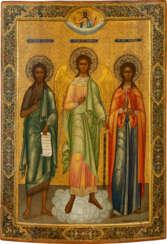 A MONUMENTAL SIGNED AND DATED ICON SHOWING THE GUARDIAN ANGEL FLANKED BY ST. JOHN THE