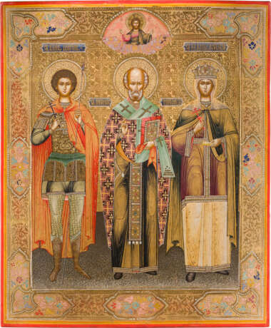 AN IMPORTANT SIGNED AND DATED ICON OF SAINT NICHOLAS OF MYRA, FLANKED BY STS. GEORGE AND - photo 1