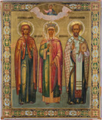 AN ICON SHOWING ST. ALEXANDRA FLANKED BY ST. ANNE THE PROPHETESS AND ST. NICHOLAS OF MYRA