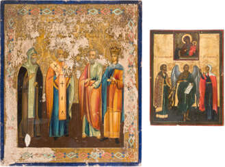 TWO ICONS SHOWING SELECTED SAINTS, STS. ALEXANDER NEVSKY, JOHN THE FORERUNNER AND
