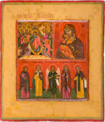 A FINE THREE-PARTITE ICON SHOWING THE DESCENT INTO HELL, THE VLADIMIRSKAYA MOTHER OF GOD