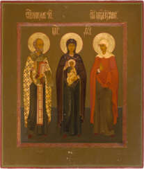 A FINE ICON SHOWING THE MOTHER OF GOD FLANKED BY STS. NICHOLAS OF MYRA AND JULIANA