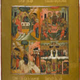 A FINE QUADRI-PARTITE ICON SHOWING THE OLD TESTAMENT TRINITY, THE PENTECOST, THE ENTRY - photo 1