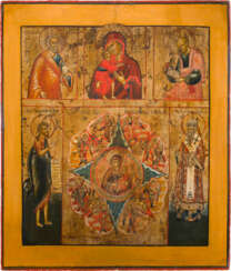 A LARGE MULTI-PARTITE ICON SHOWING THE MOTHER OF GOD 'OF THE BURNING BUSH' AND SELECTED