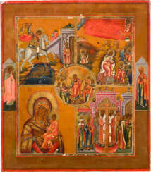 A QUADRI-PARTITE ICON SHOWING THE DESCENT INTO HELL, SAINTS AND THE TIKHVINSKAYA MOTHER OF