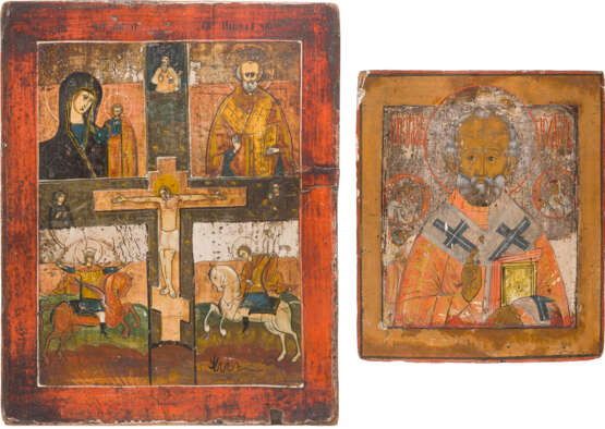 TWO ICONS: ST. NICHOLAS OF MYRA AND A QUADRI-PARTITE ICON SHOWING THE KAZANSKAYA MOTHER OF - photo 1