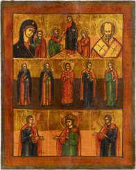 A SMALL MULTI-PARTITE ICON SHOWING THE KAZANSKAYA MOTHER OF GOD, THE DESCENT INTO HELL AND