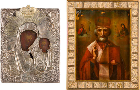 TWO ICONS: THE MOTHER OF GOD OF KAZAN WITH A SILVER OKLAD AND ST. NICHOLAS OF MYRA - фото 1