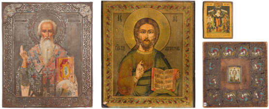 FOUR ICONS SHOWING CHRIST PANTOKRATOR, THE MOTHER OF GOD 'JOY TO ALL WHO GRIEVE' AND - фото 1