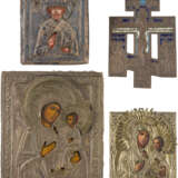 THREE ICONS WITH OKLAD SHOWING PORTRAITS OF THE MOTHER OF GOD AND ST. NICHOLAS OF MYRA AND - photo 1