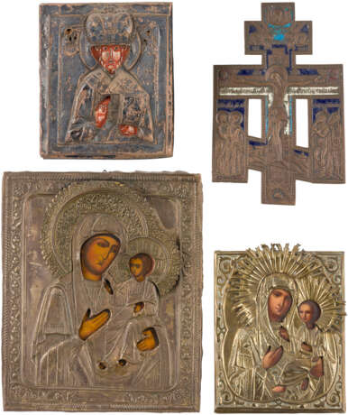 THREE ICONS WITH OKLAD SHOWING PORTRAITS OF THE MOTHER OF GOD AND ST. NICHOLAS OF MYRA AND - photo 1