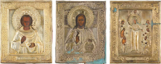 THREE SMALL ICONS WITH OKLAD SHOWING CHRIST PANTOKRATOR, THE MOTHER OF GOD 'JOY TO ALL WHO - photo 1