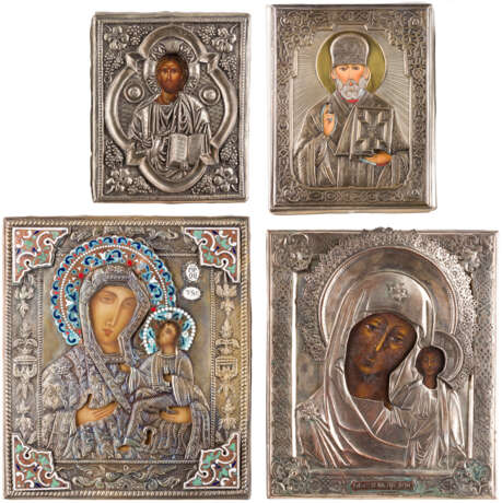 FOUR ICONS WITH OKLAD SHOWING CHRIST PANTOKRATOR, PORTRAIT OF THE MOTHER OF GOD AND ST. - photo 1