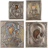 FOUR ICONS WITH OKLAD SHOWING CHRIST PANTOKRATOR, PORTRAIT OF THE MOTHER OF GOD AND ST. - photo 1