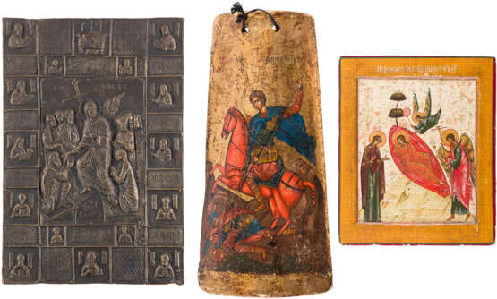 AN ICON SHOWING CHRIST 'THE UNSLEEPING EYE', A RELIEF OF THE ANASTASIS AND A ROOF TILE - photo 1