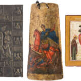 AN ICON SHOWING CHRIST 'THE UNSLEEPING EYE', A RELIEF OF THE ANASTASIS AND A ROOF TILE - photo 1