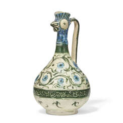 A KASHAN COCKEREL HEAD POTTERY EWER